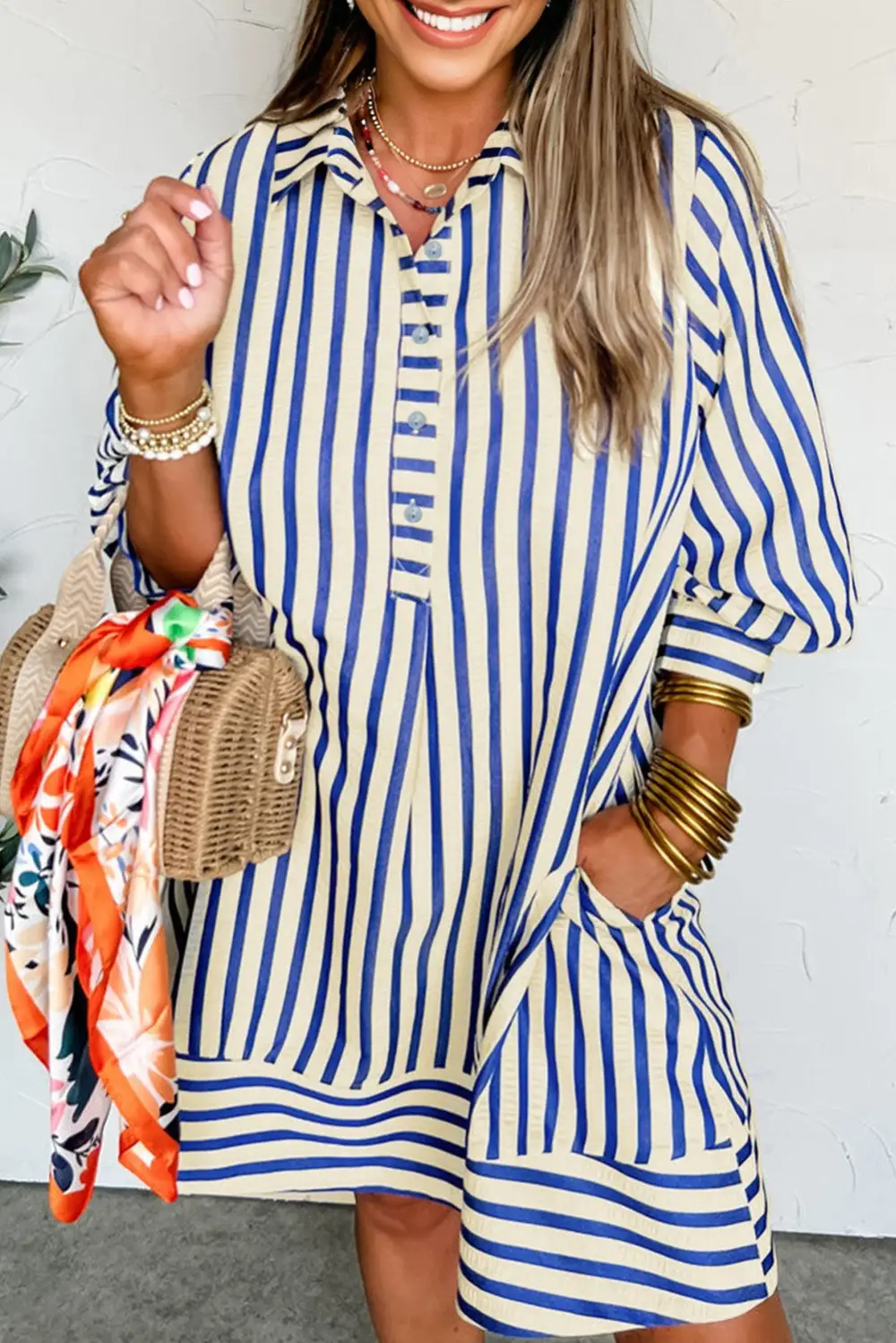 Striped Half Button Pocketed Mini Dress