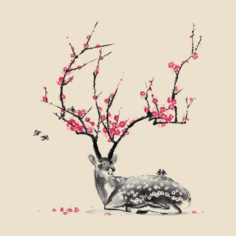 Men's Artistic Deer With Plum Blossom Print Crew Neck Long-Sleeve T-Shirt