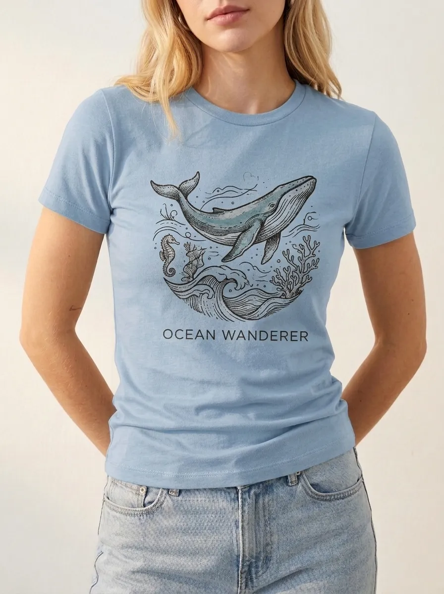 Women's Ocean Wanderer Whale Seahorse Printed T-shirt