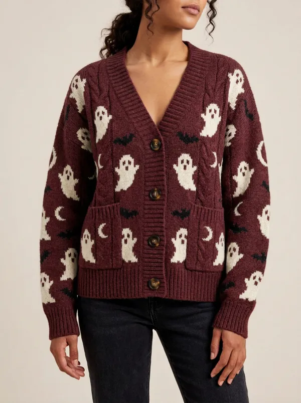 Women's Spooky Ghost Bat Moon Halloween Knit Cardigan
