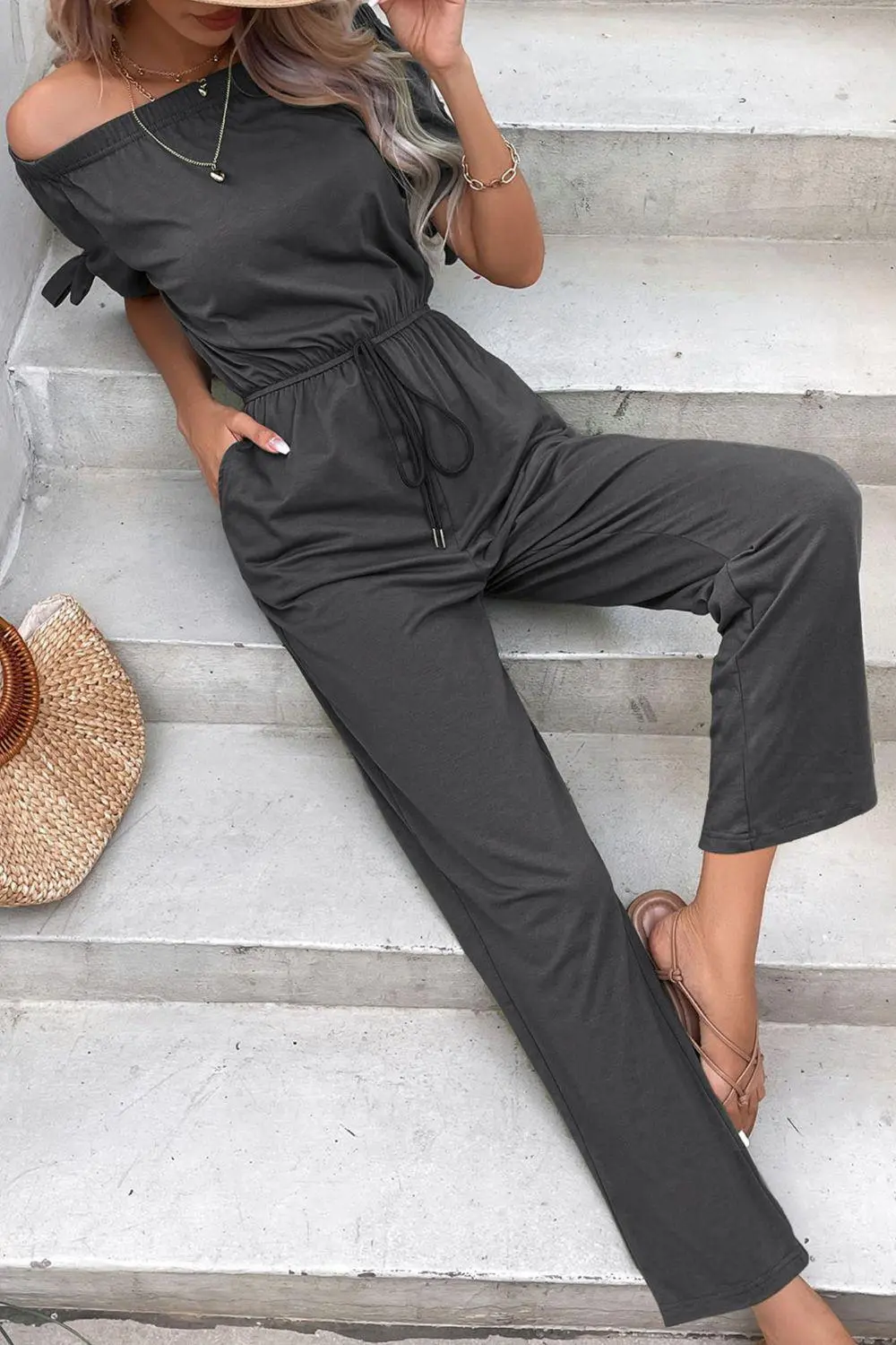Shoulder Tie Cuff Pockets Jumpsuit