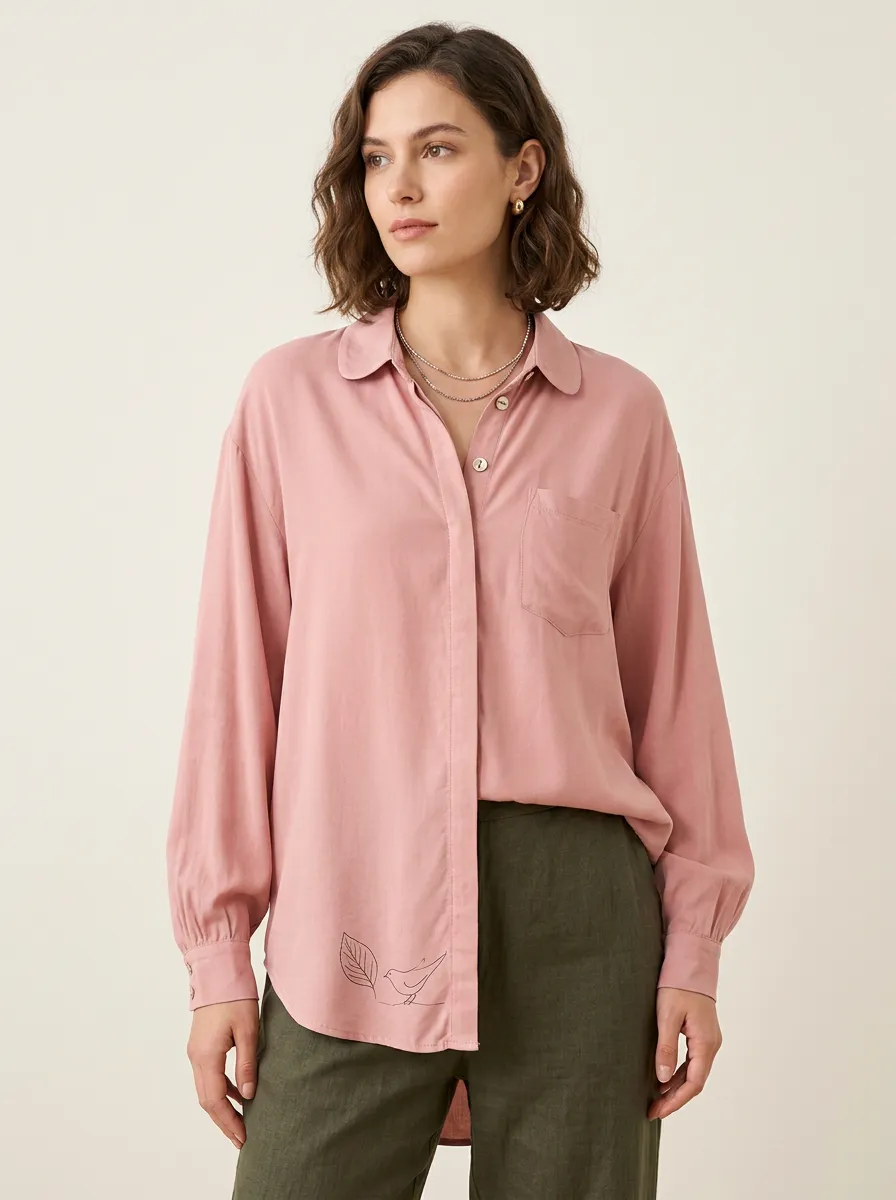 Women's Minimalist Nature Bird Leaf Printed Pink Shirt