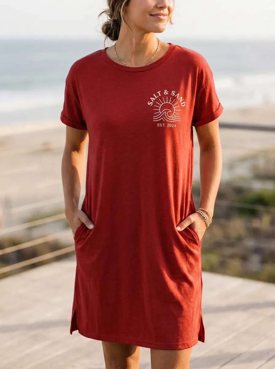 Women's Beach Lover Salt & Sand Sun Wave Printed T-shirt Dress