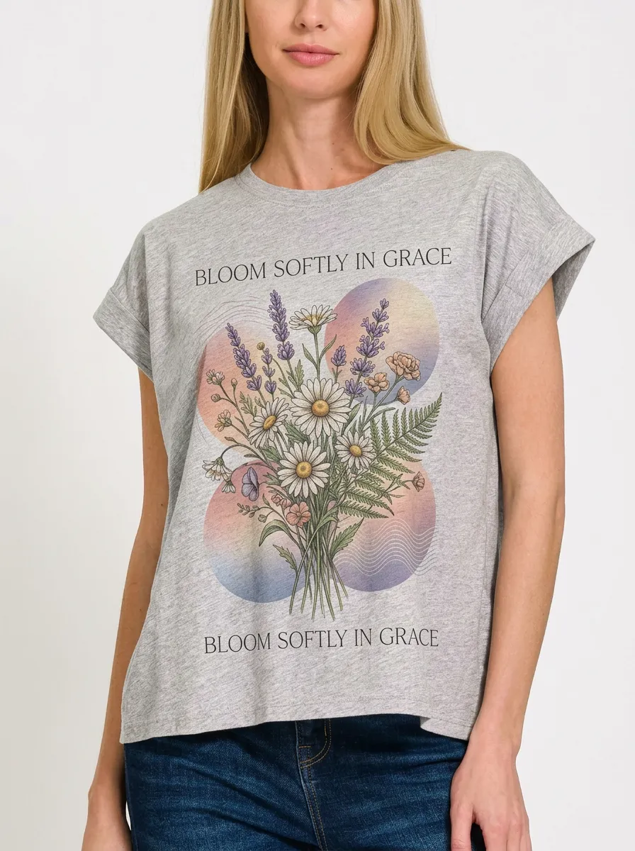 Women's Floral Quote Bloom Softly In Grace Printed T-shirt