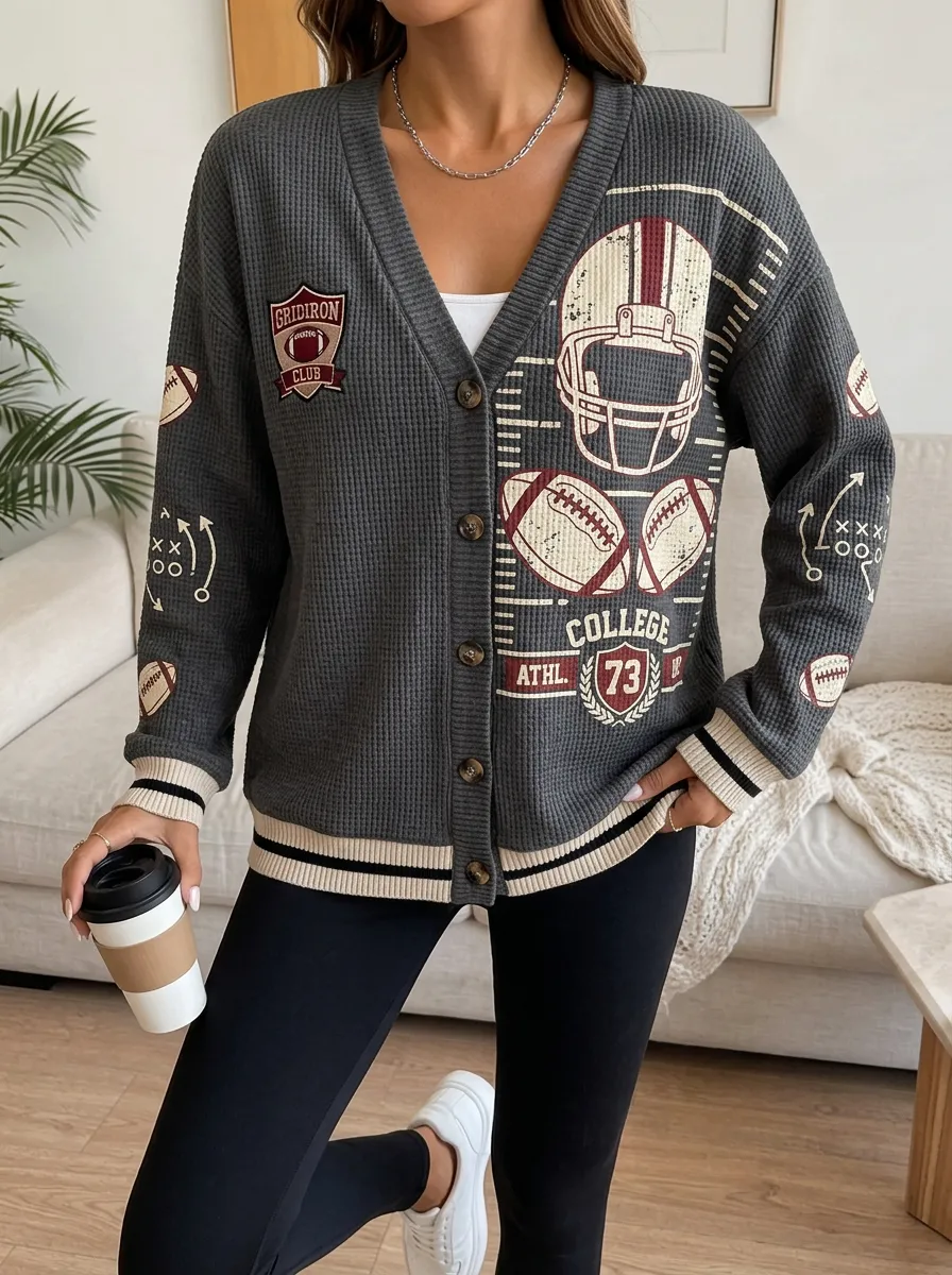 Women's Football Fan College Helmet Printed Waffle Knit Cardigan
