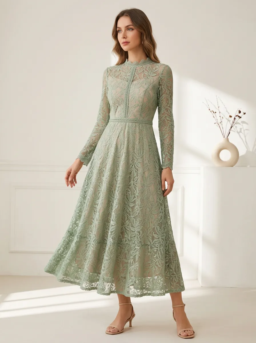 Women's Elegant Sage Green Floral Lace Long Sleeve Midi Dress