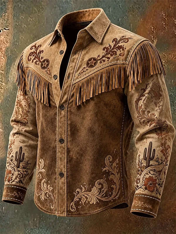 Men's Retro Western Style Line Printed Tassel Shirt