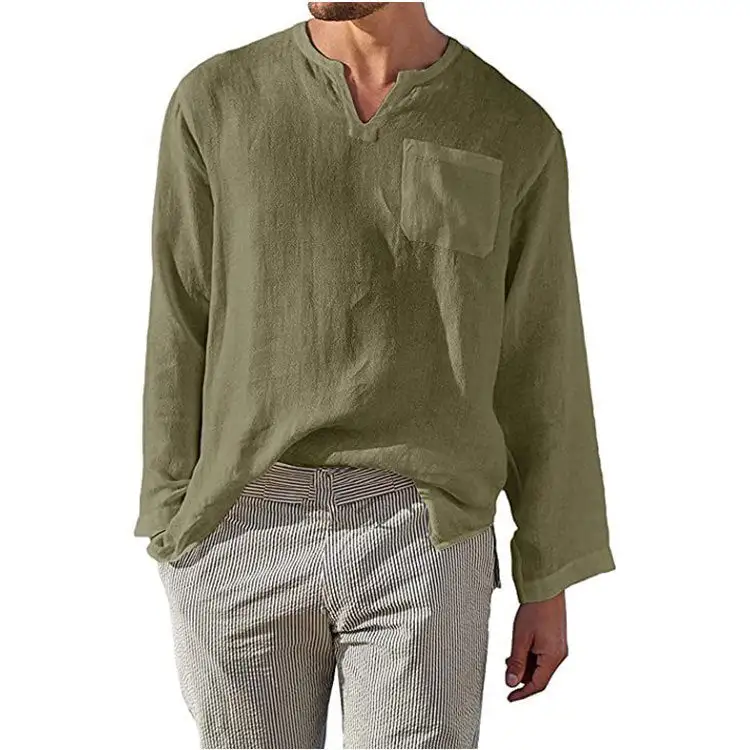 Men's Linen Long-Sleeve Shirt With Henley Neckline And Chest Pocket