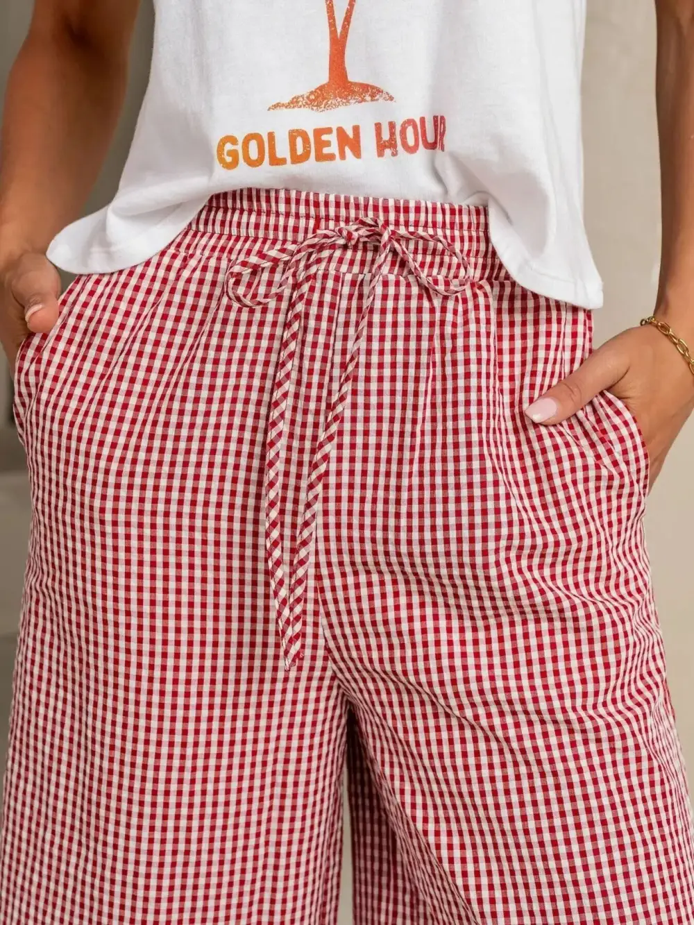 Wide Leg Gingham Drawstring Pocketed Pants