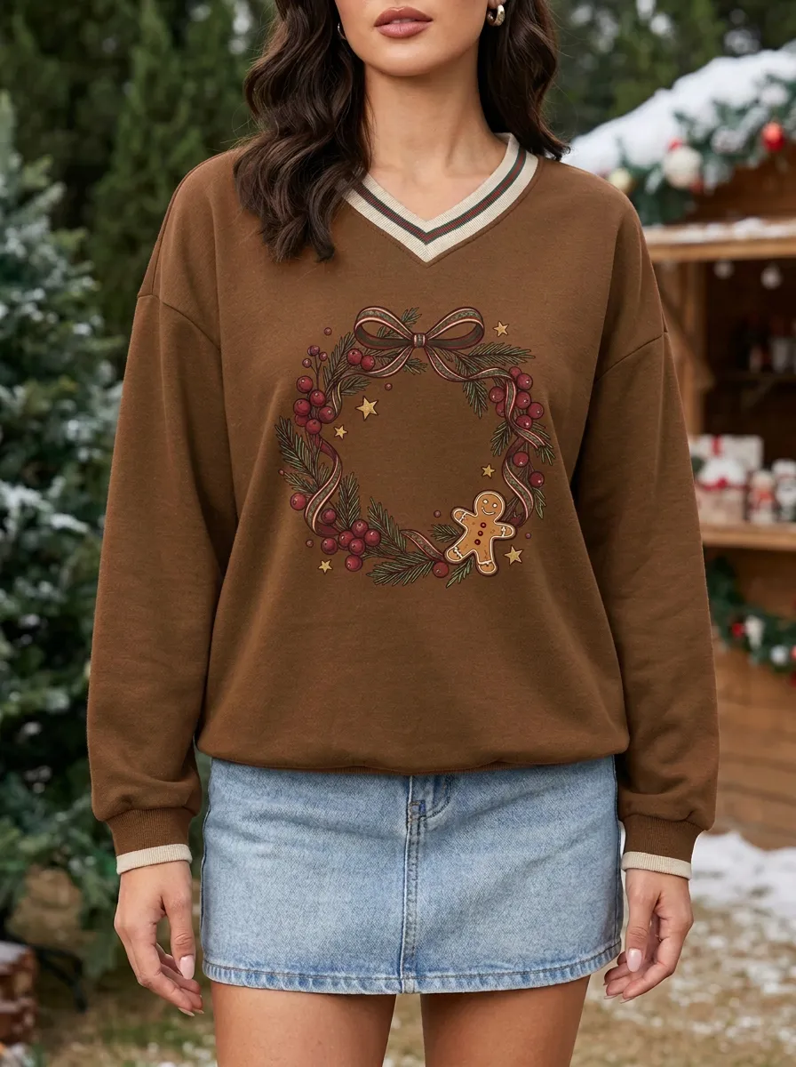 Christmas Gingerbread Wreath Print Sweatshirt