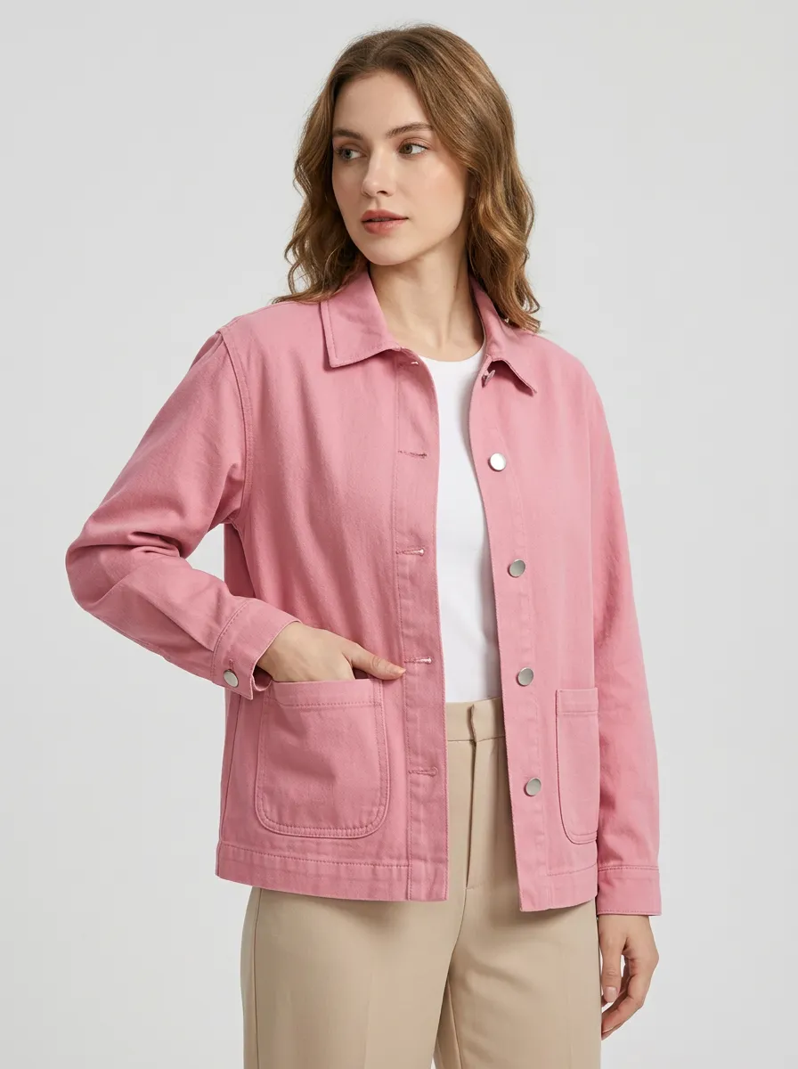 Women's Casual Pink Solid Color Button Down Denim Jacket