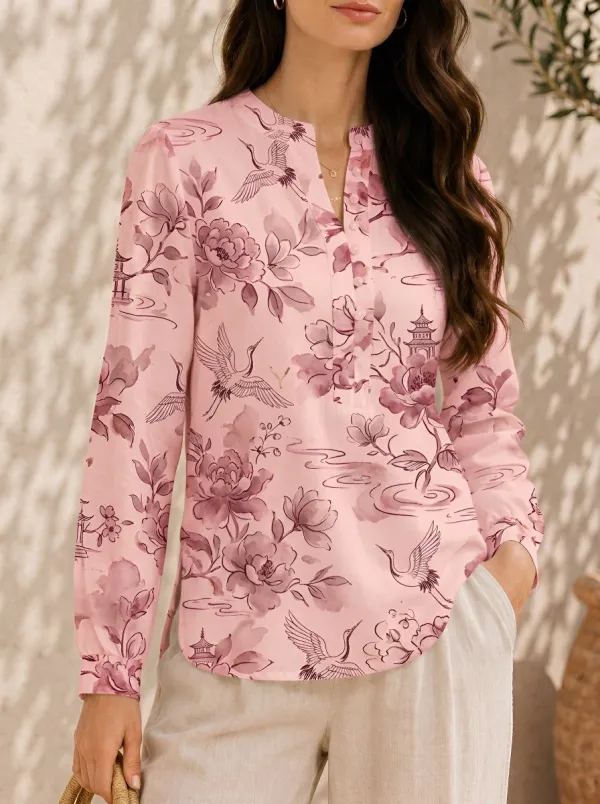 Women's Oriental Crane Floral Pagoda Printed Long Sleeve Blouse