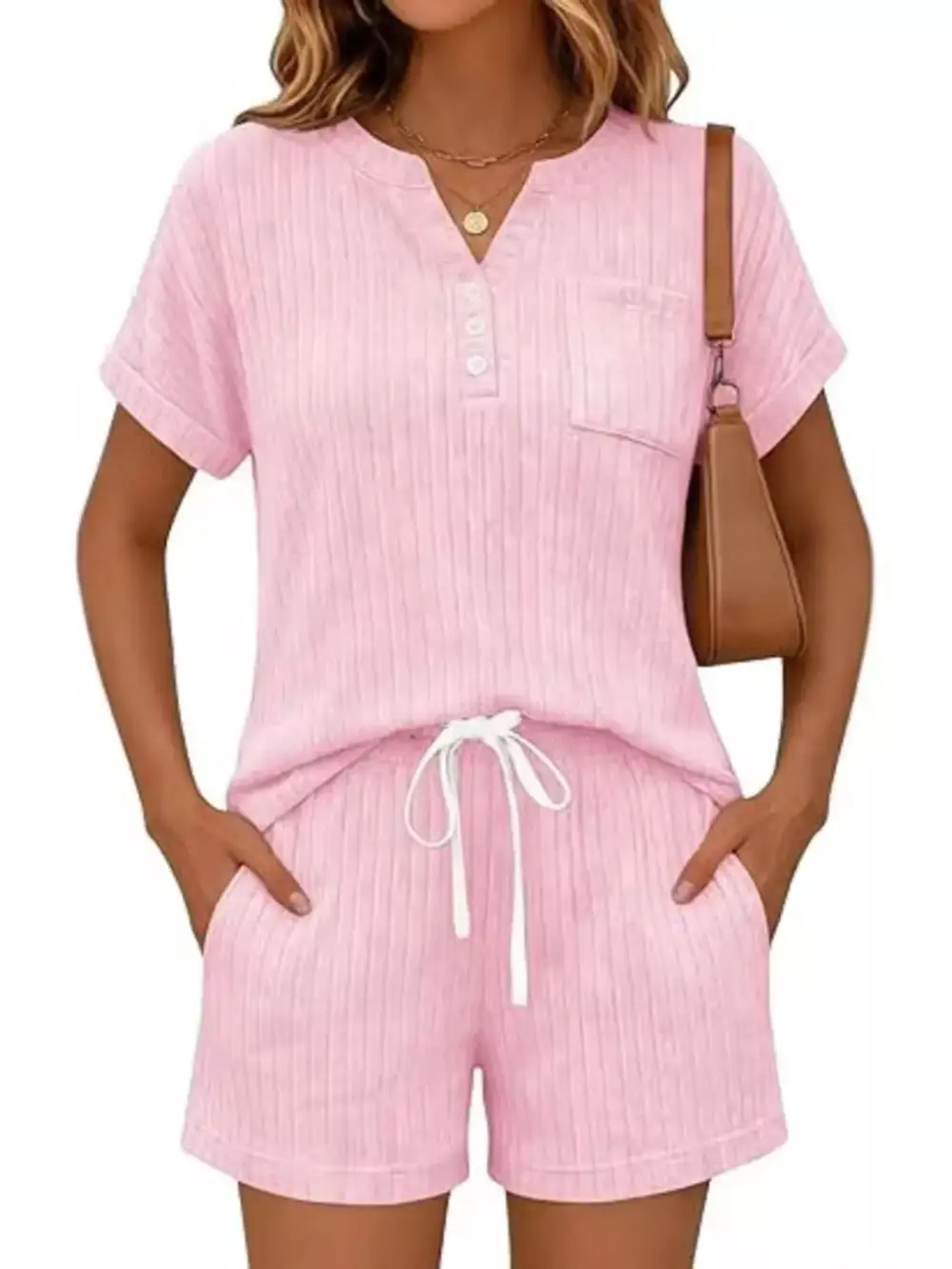 Casual Ribbed Knit Tee Shorts Set