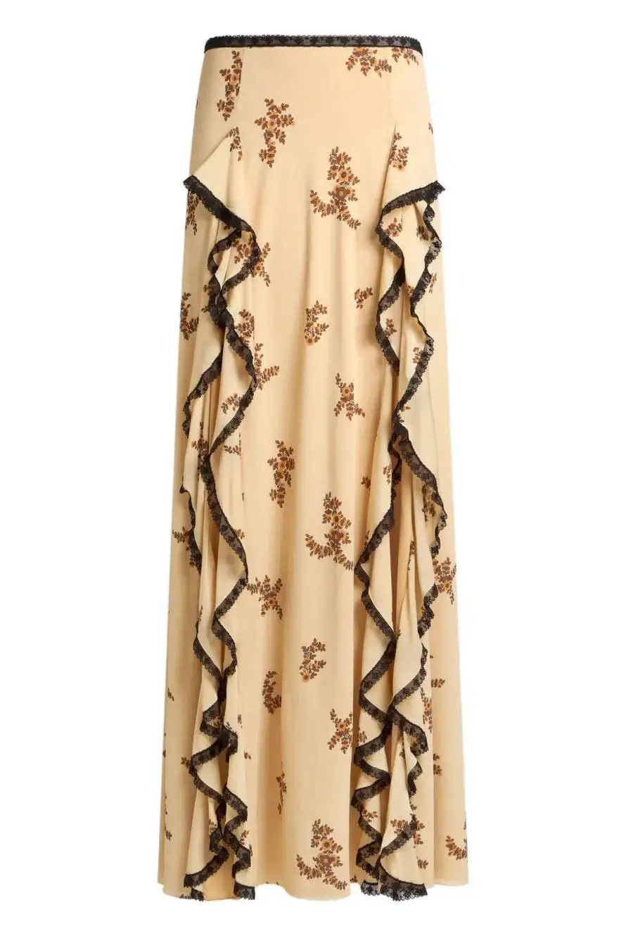 Printed Ruffled Lace Maxi Skirt