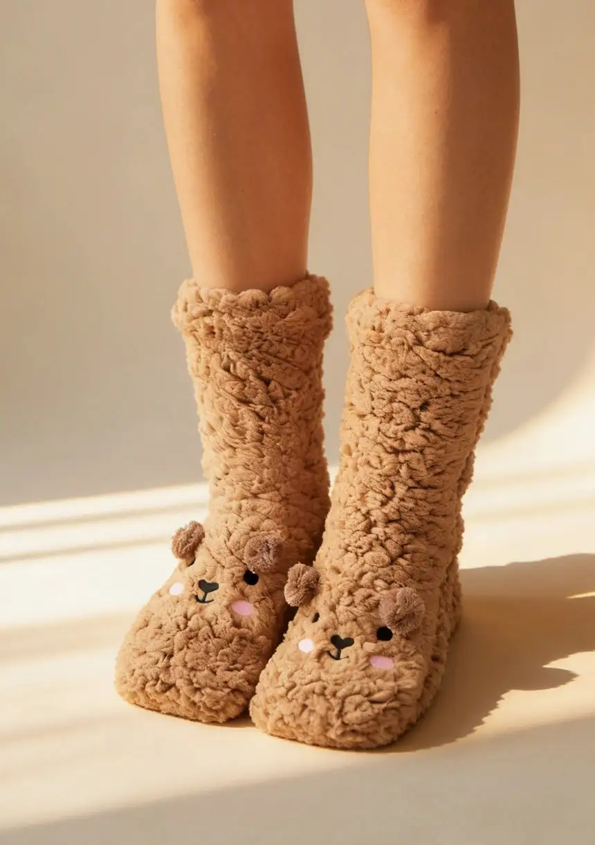 Long Plush Bear Motif Socks