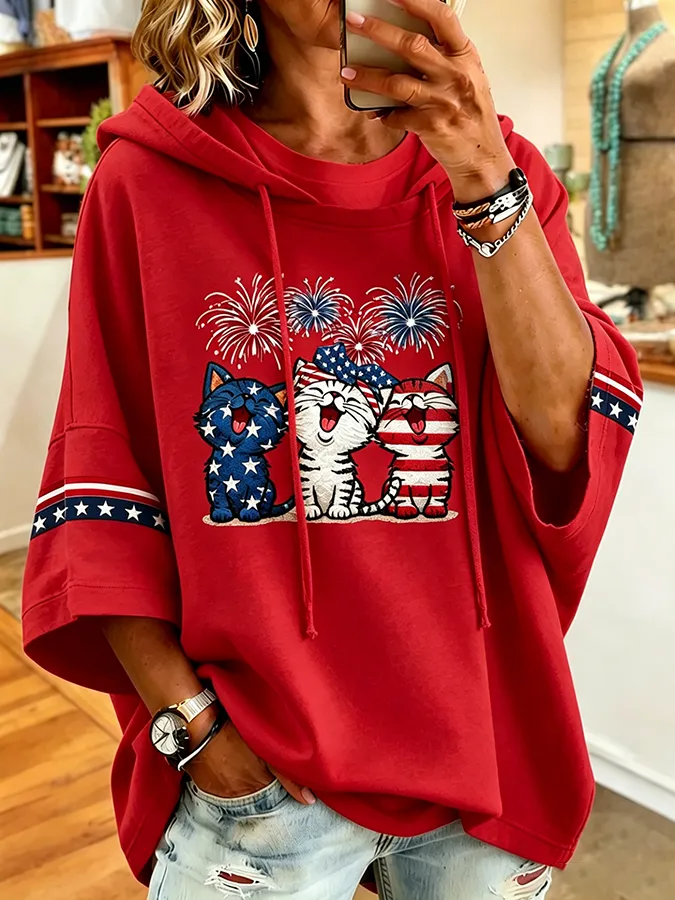 Women's Flag and Cat Printed Hoodie