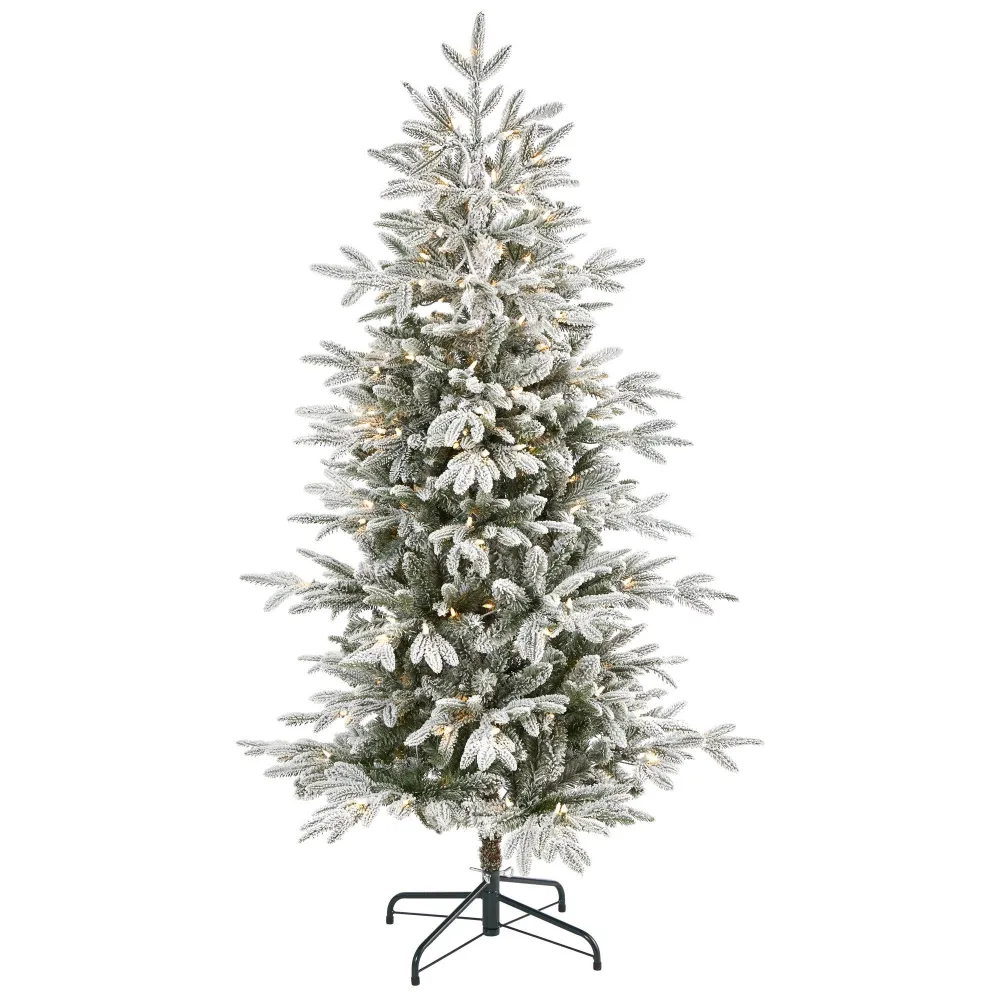 Flocked Manchester Spruce Artificial Christmas Tree with Lights and Bendable Branches Foliage Accent
