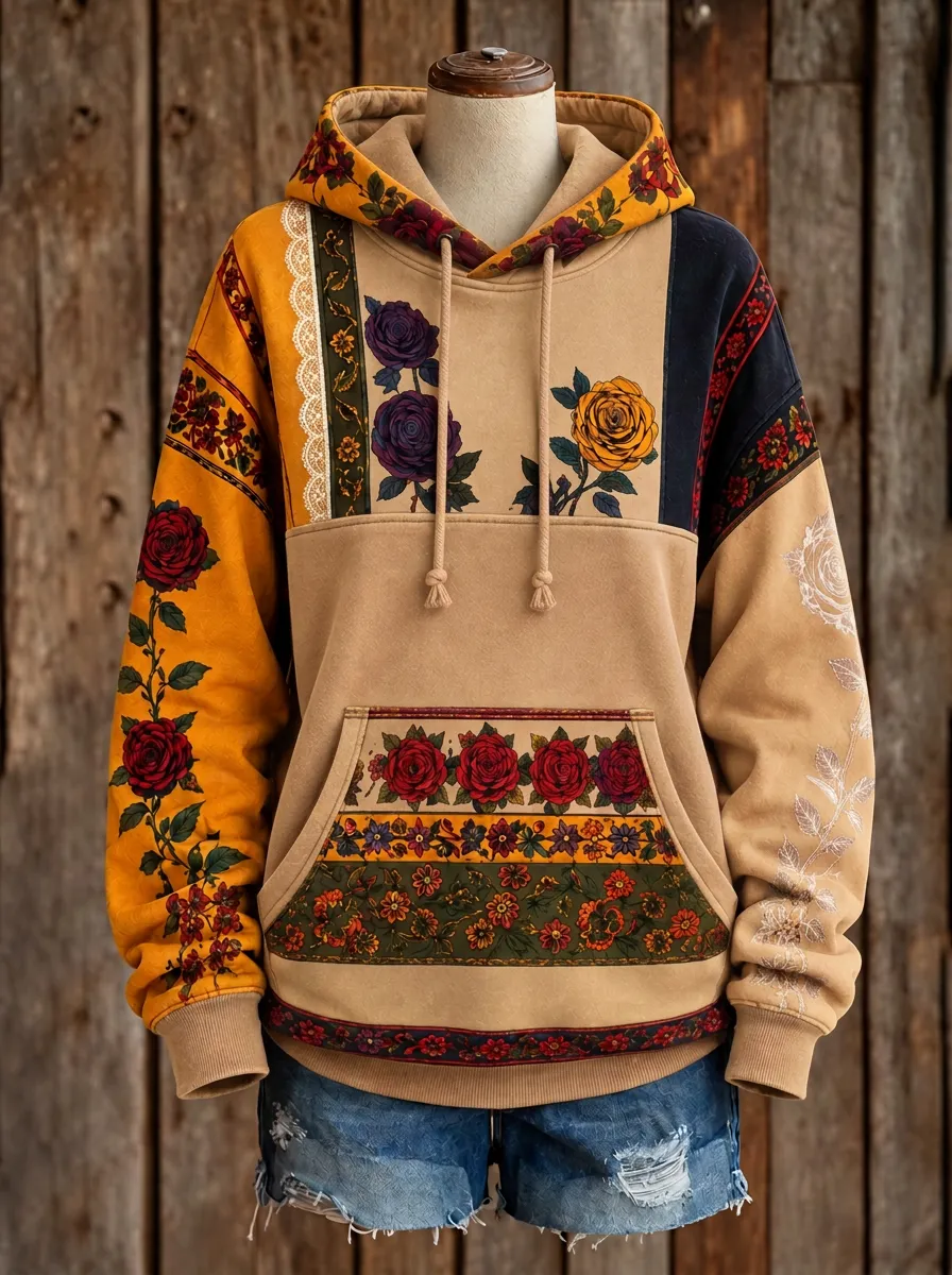 Women's Western Boho Rose Floral Patchwork Printed Hoodie