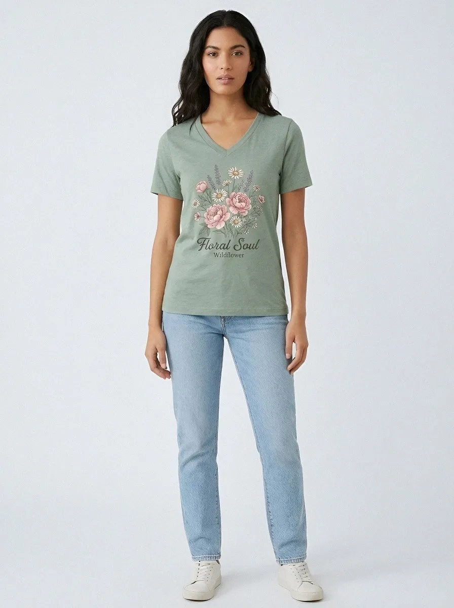 Women's Floral Soul Wildflower Bouquet Printed V-neck T-shirt