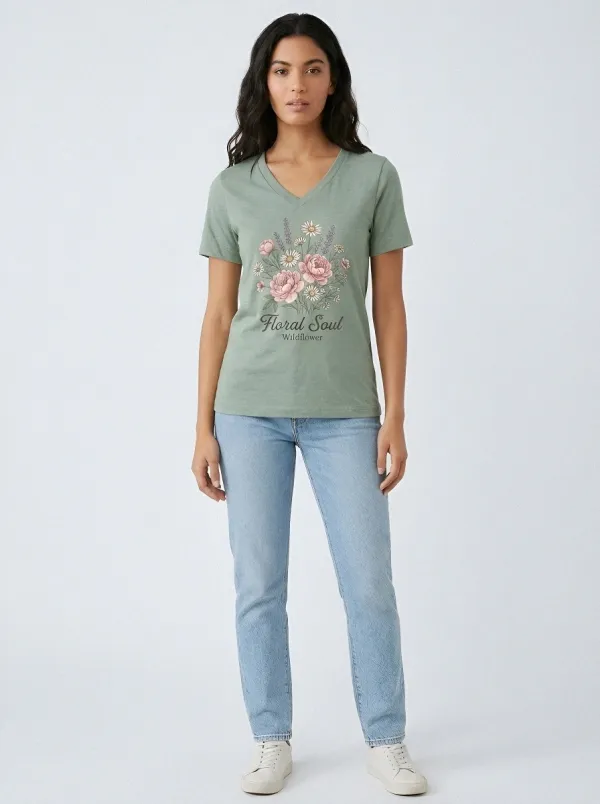 Women's Floral Soul Wildflower Bouquet Printed V-neck T-shirt
