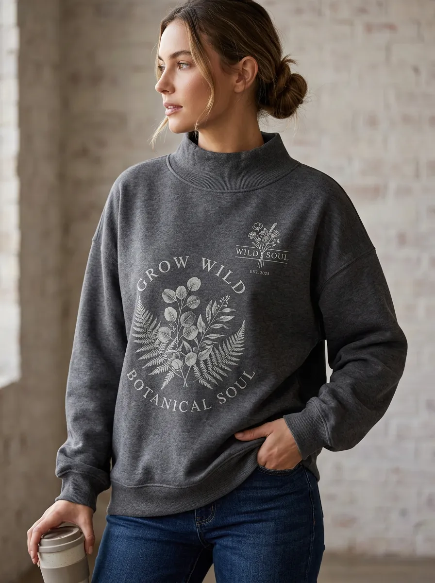 Nature Lover Grow Wild Botanical Mock Neck Sweatshirt