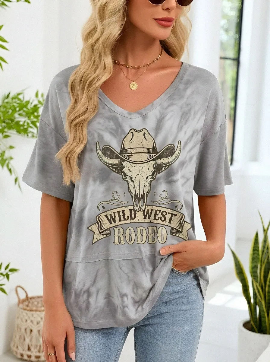 Women's Western Rodeo Cowboy Skull Tie-Dye Printed T-shirt