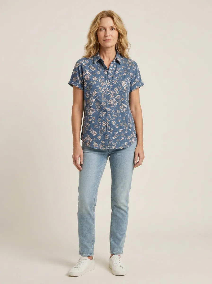 Women's Floral Butterfly Nature Printed Short Sleeve Button Shirt
