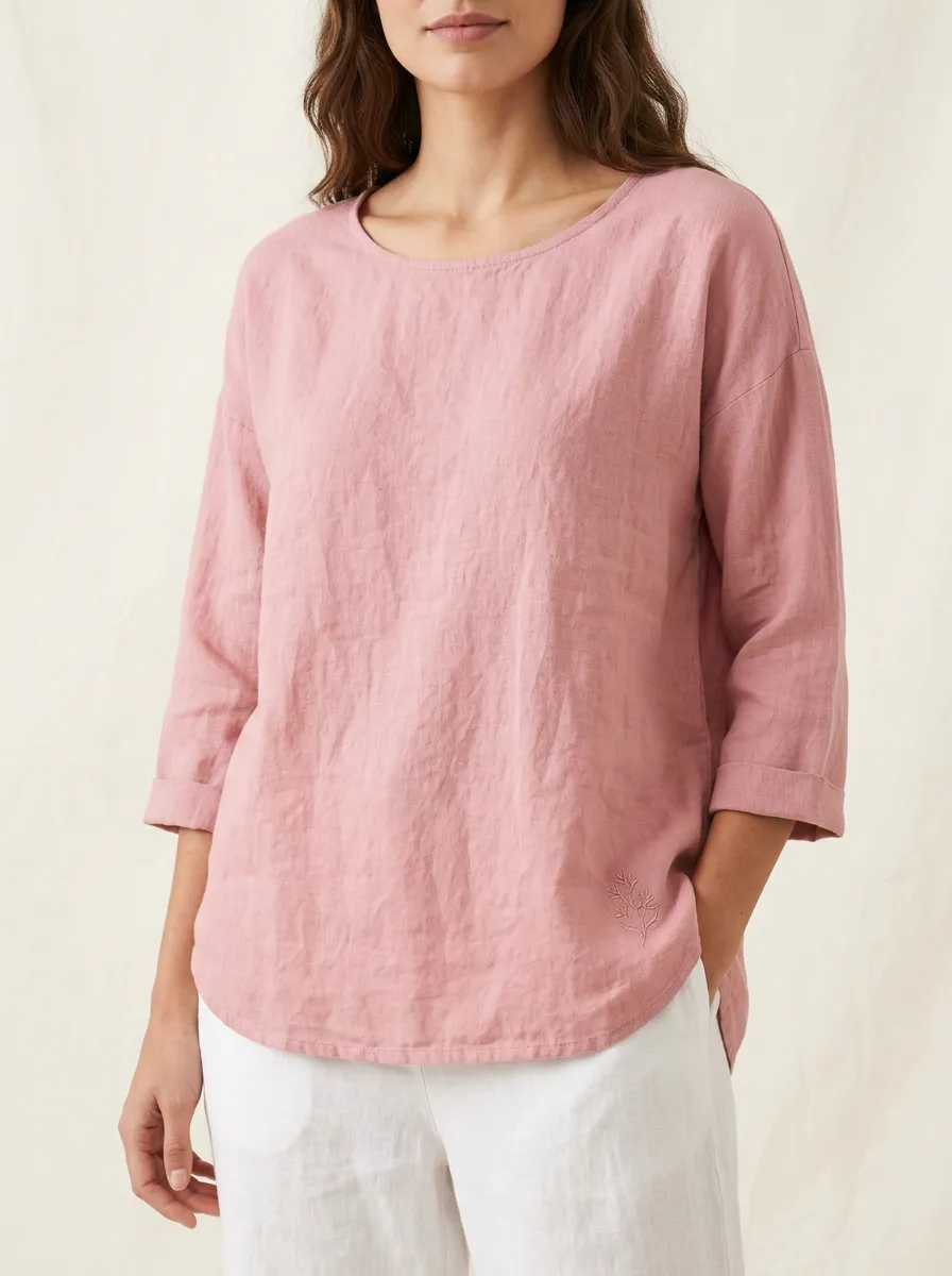 Women's Casual Minimalist Botanical Embroidered Pink Linen Top