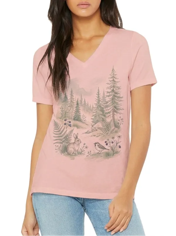 Women's Nature Lover Forest Rabbit Bird Printed V-neck T-shirt