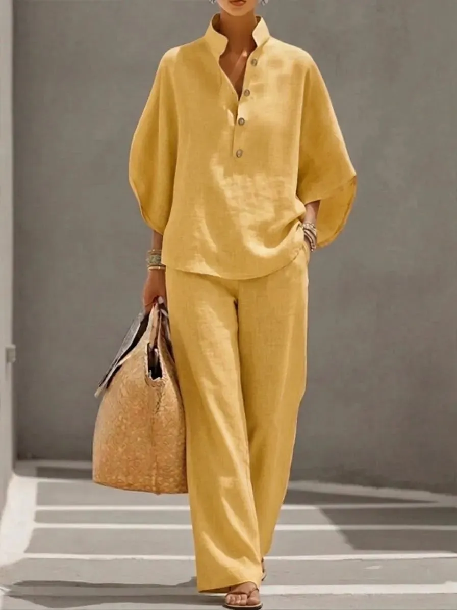 🔥 🔥Women's Batwing Sleeve Two-Piece Set – Casual Shirt & Wide Leg Pants Outfit
