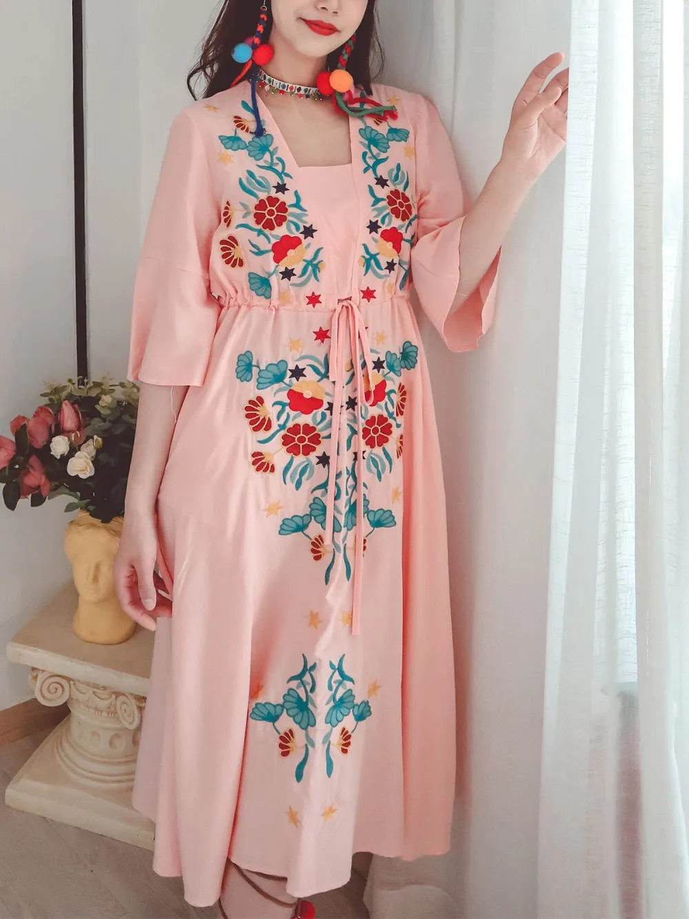 Textured Floral Embroidered Boho Maxi Dress