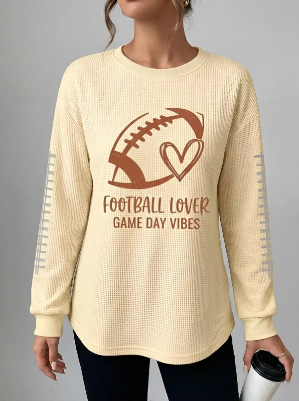 Women's Football Lover Heart Game Day Printed Waffle Knit T-Shirt