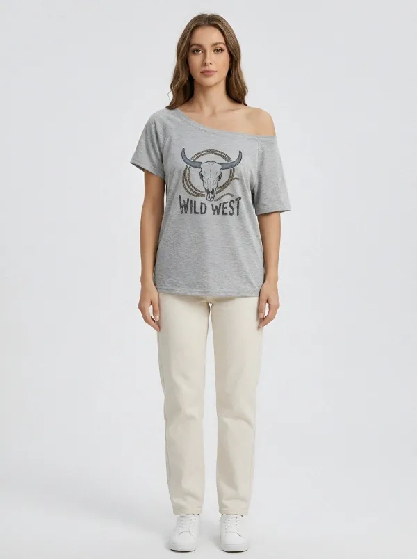 Women's Wild West Cow Skull Rope Printed T-shirt