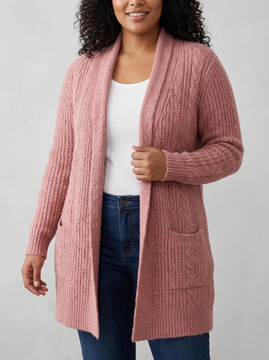 Women's Dusty Rose Cable-Knit Open Cardigan