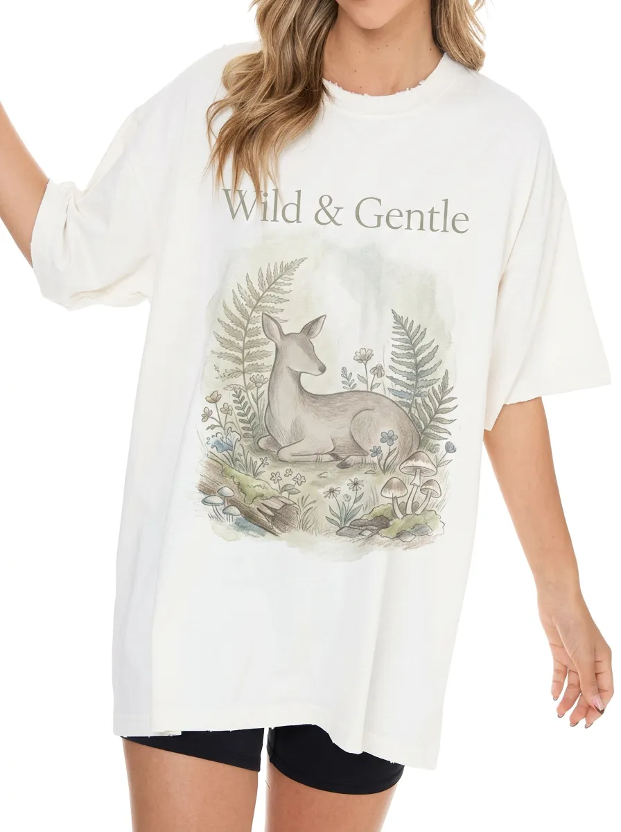 Women's Nature Lover Wild & Gentle Deer Mushroom Printed T-shirt