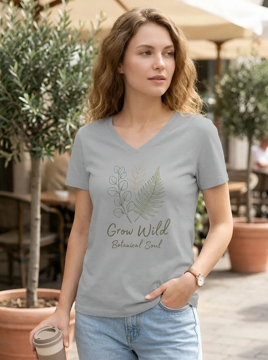Women's Nature Lover Grow Wild Fern Botanical Printed V-Neck T-Shirt