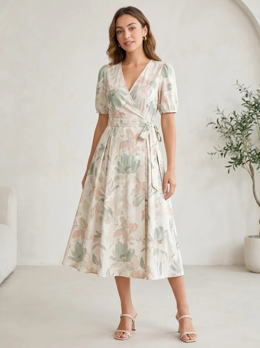 Women's Floral Lover Pastel Botanical Printed Wrap Dress