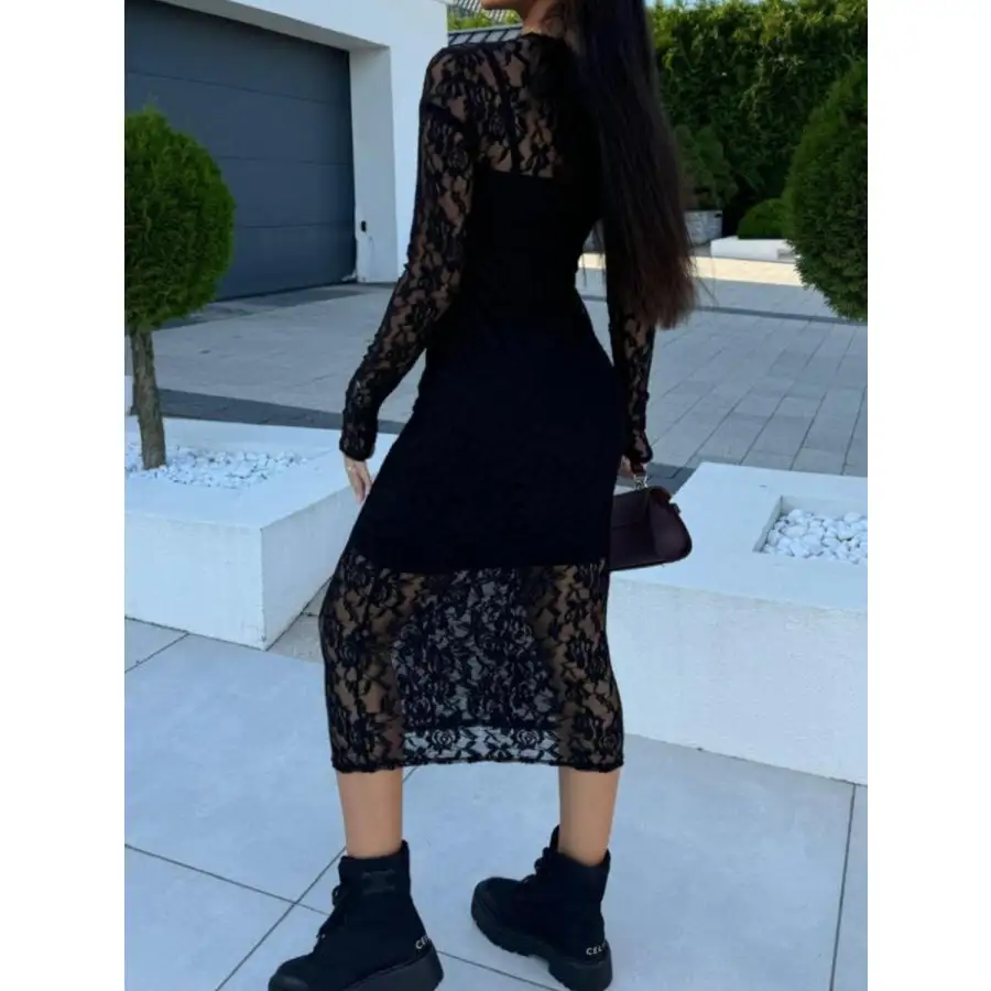 Lace Round Neck Long Sleeve Midi Dress