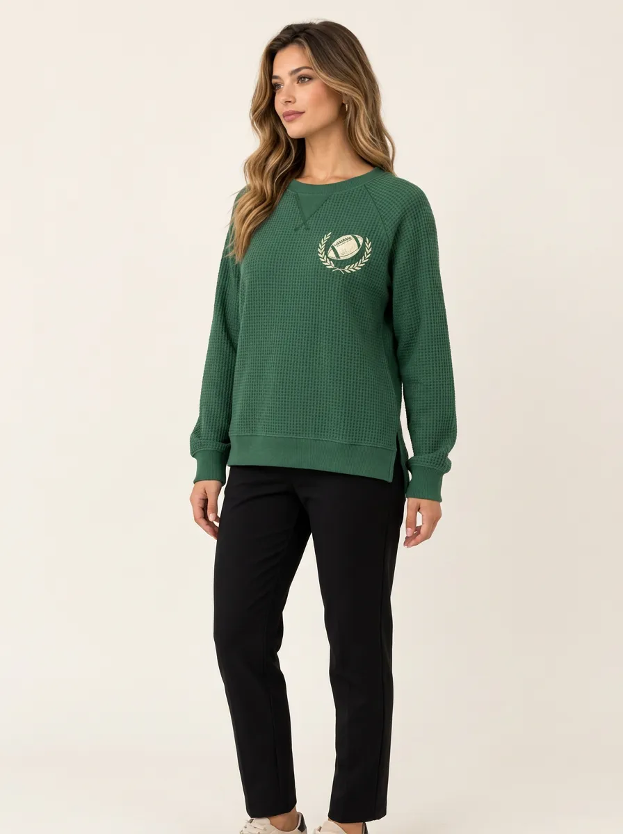 Women's Laurel Wreath Graphic Raglan Side-Slit Waffle-Knit Crewneck Sweatshirt