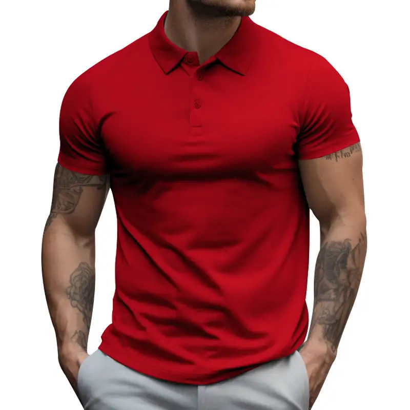 Men's Athletic Fitted Pique Polo Shirt Short-sleeved With Hidden Button Placket