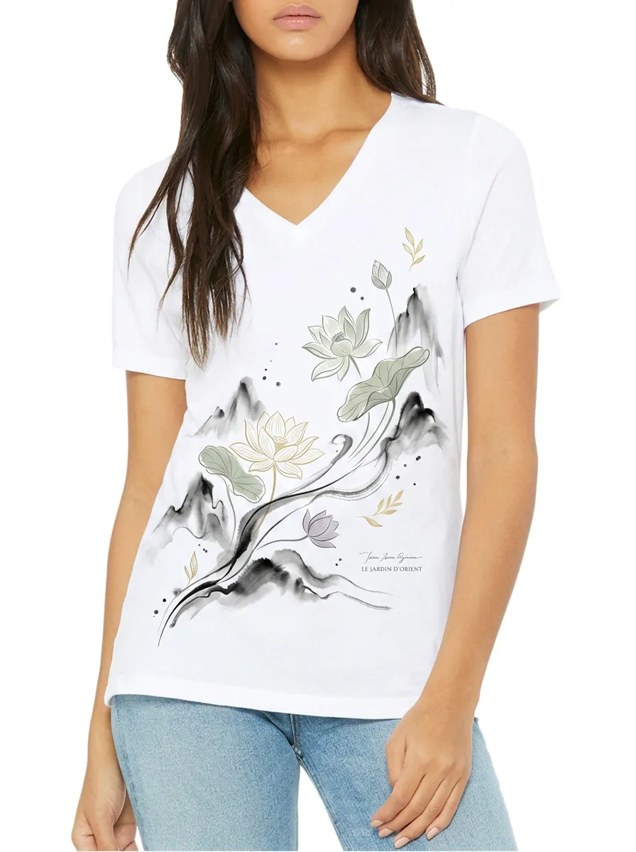 Women's Zen Lotus Flower Ink Wash Mountain Printed V-neck T-shirt