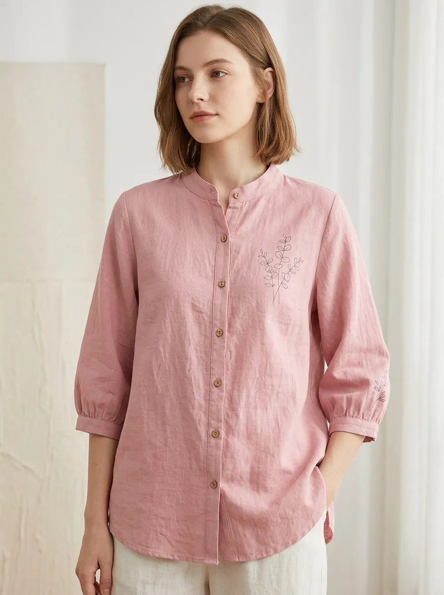 Women's Pink Botanical Leaf Line Art Printed Cotton And Linen Shirt