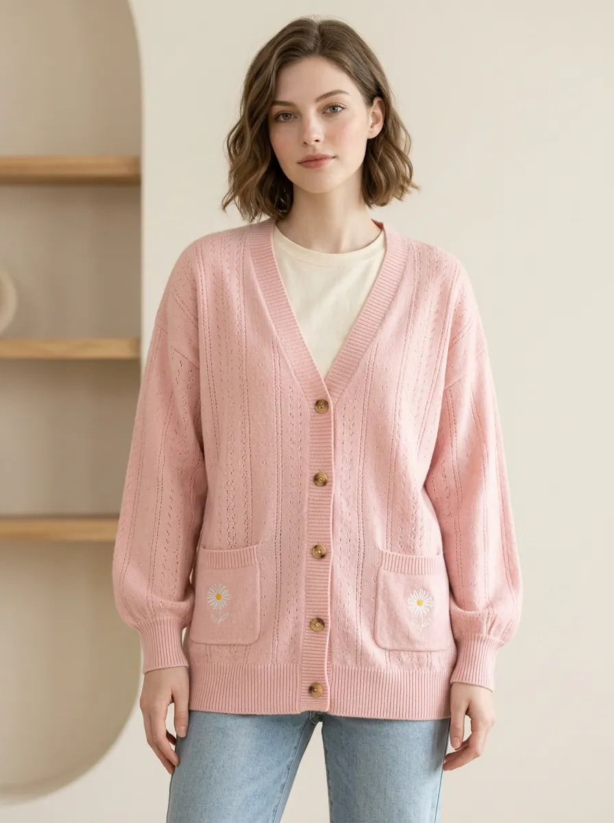 Women's Floral Daisy Pink Embroidered Button-Up Knit Cardigan
