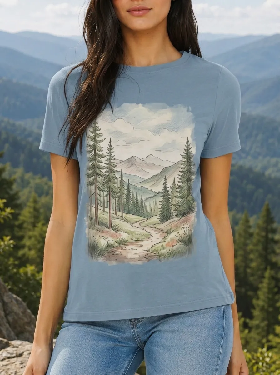 Women's Nature Lover Mountain Forest Trail Watercolor Printed T-shirt