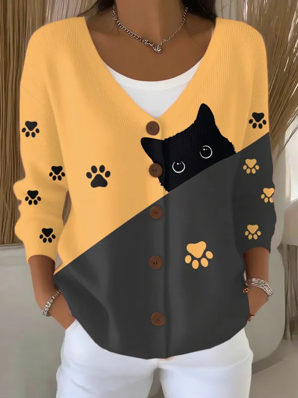 Casual Cardigan With “Naughty Black Cat” Print For Women
