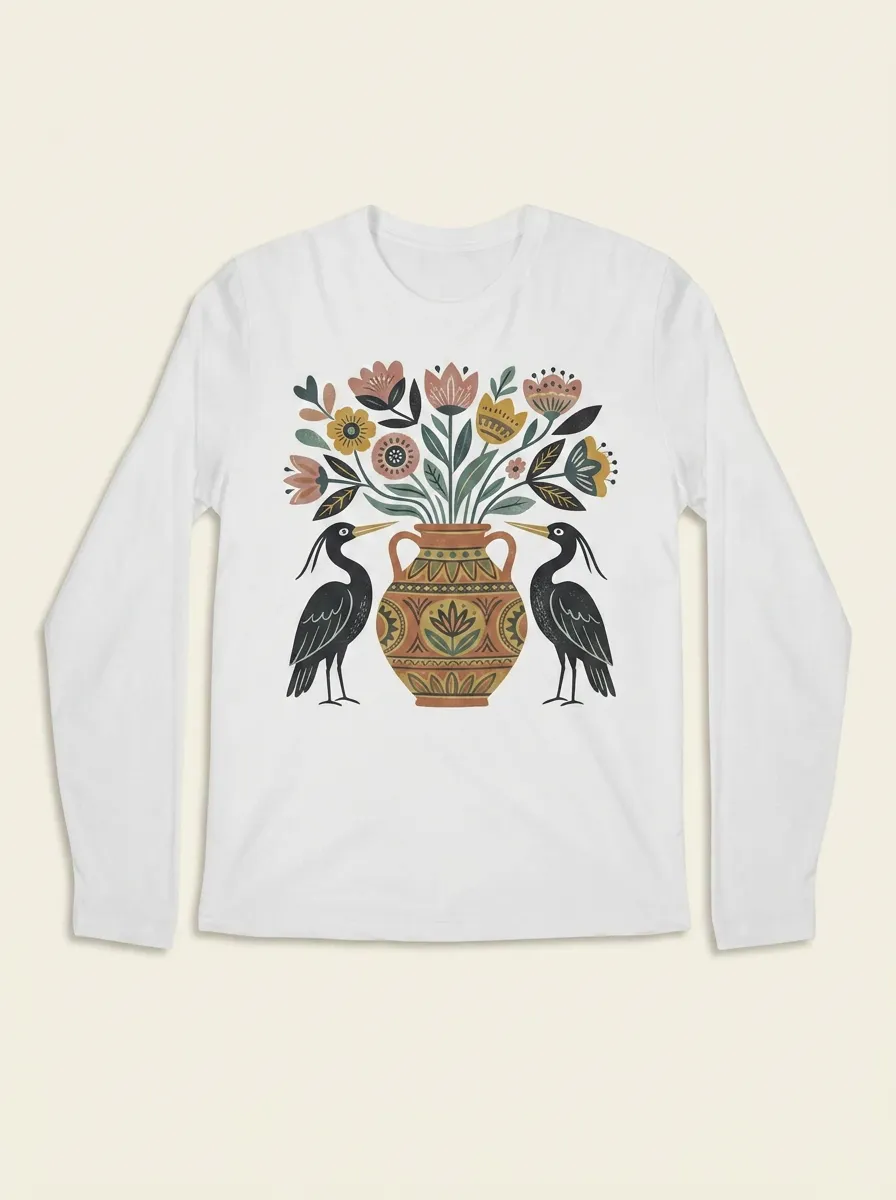 Folk Art Heron And Floral Vase Long Sleeve Shirt