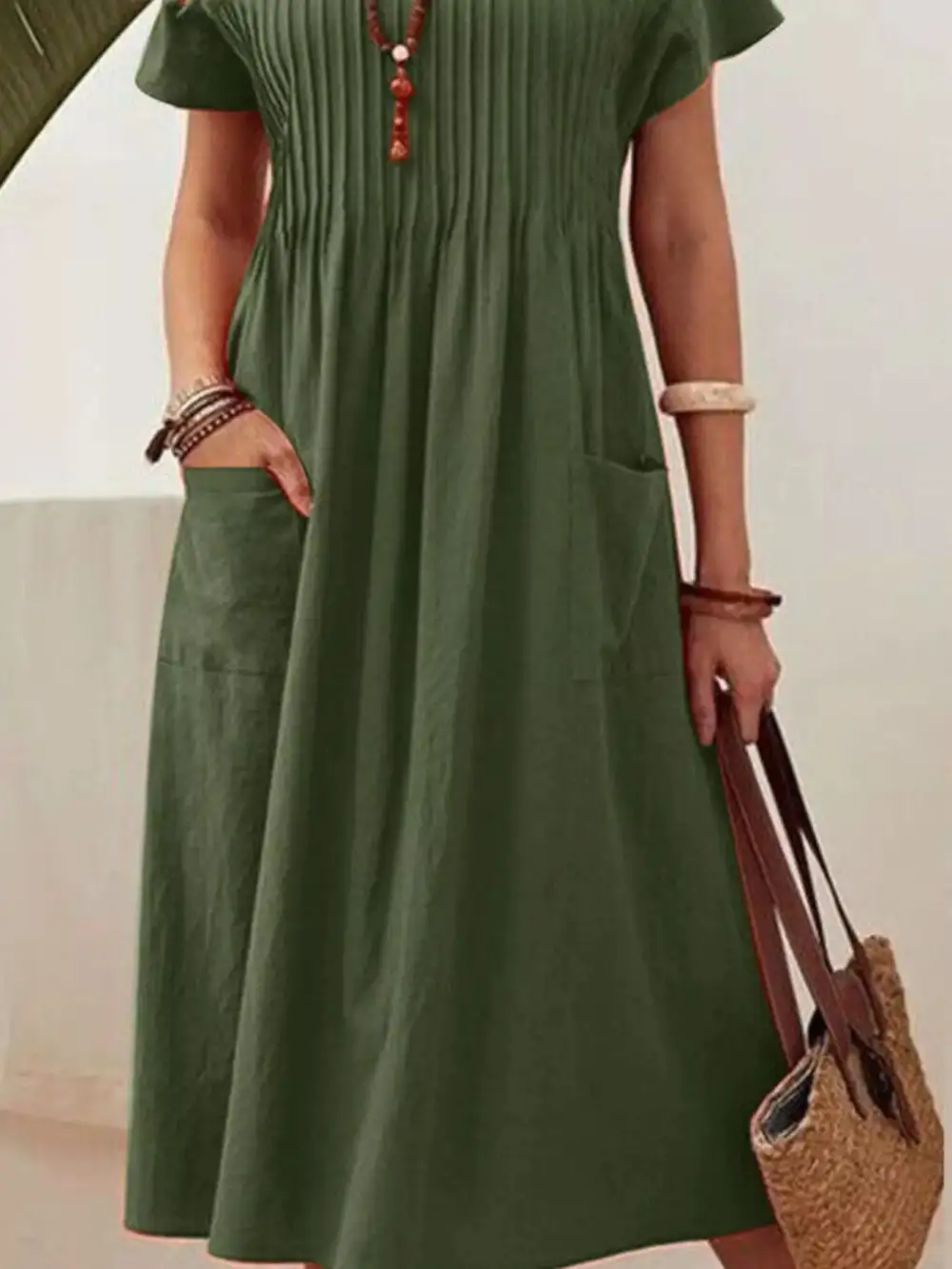 Full Size Round Neck Short Sleeve Midi Dress Plus Size