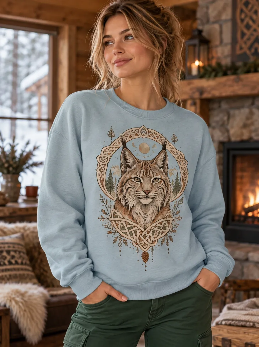 Women's Viking-Inspired Lynx Forest Celtic Knot Crewneck Sweatshirt
