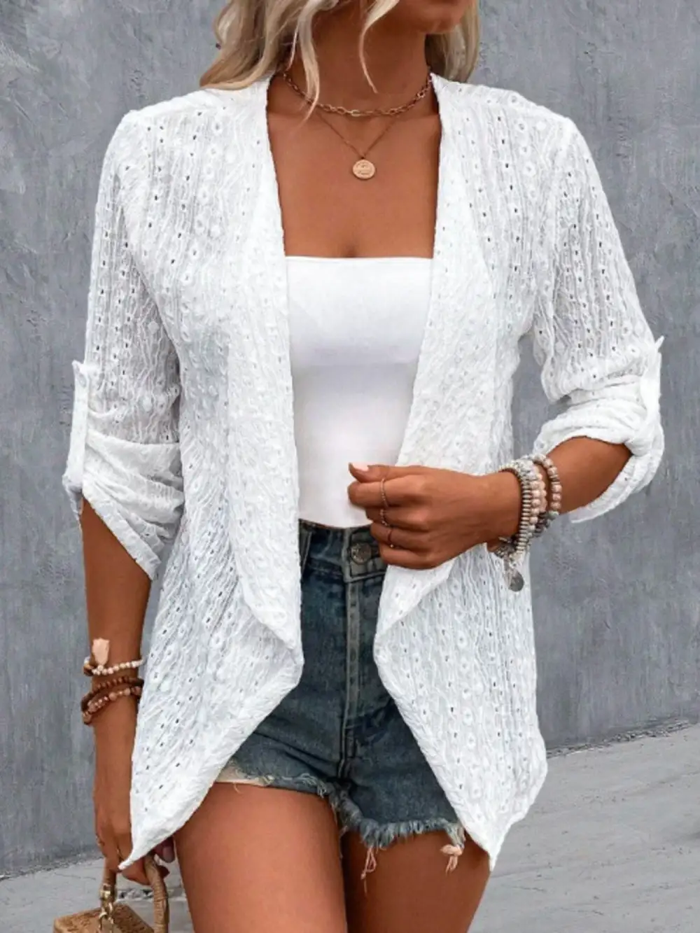 Eyelet Embroidered Open Front Cardigan