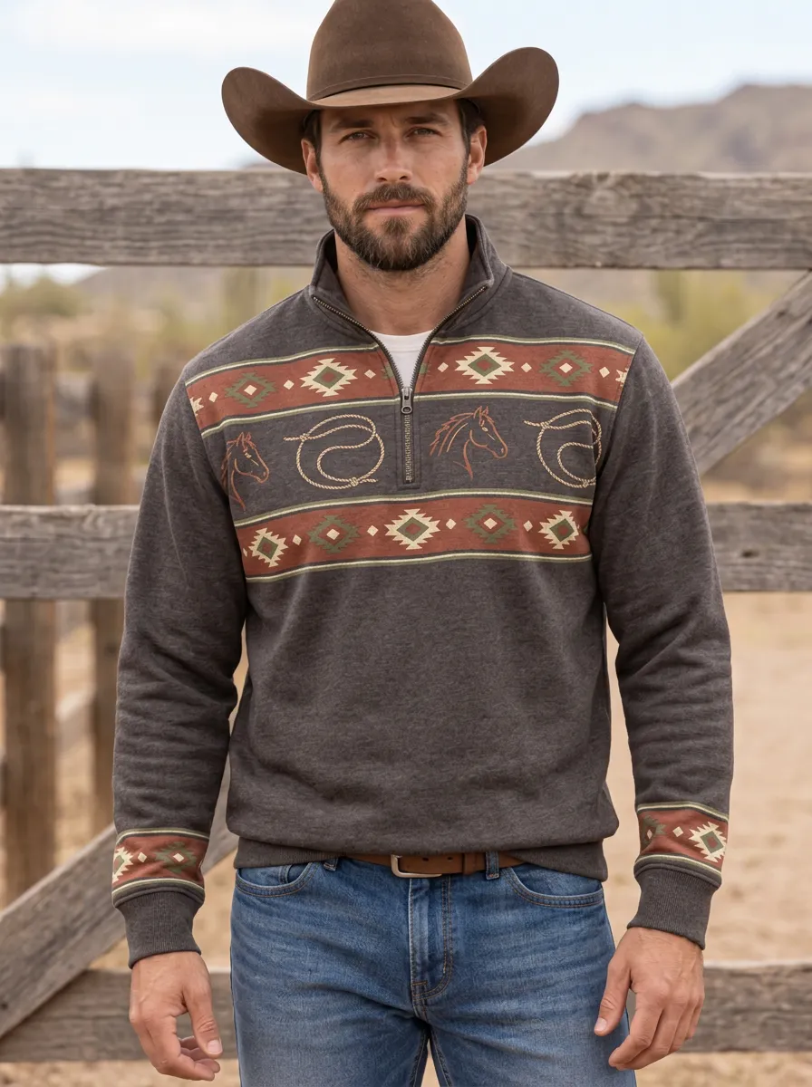 Men's Western Cowboy Horse Lasso Quarter-Zip Sweatshirt